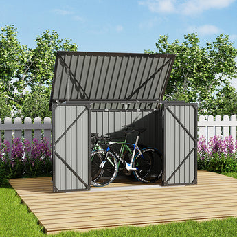 Outdoor metal garbage storage shed, dark gray, hinged lid open with double doors