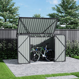 Outdoor metal garbage storage shed with hinged lid open and double doors, holding a bicycle