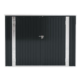 Front view of dark-gray metal storage shed doors with central lock and silver inner frame