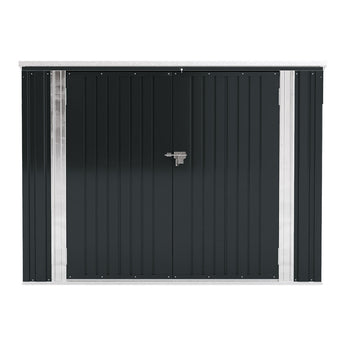 Front view of dark-gray metal storage shed doors with central lock and silver inner frame