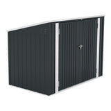 Side view of dark-gray metal storage shed with white frame edges and lock latch
