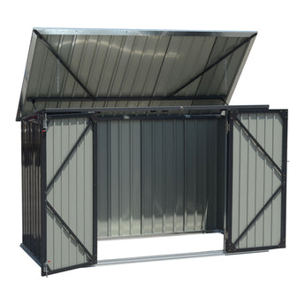 Bike storage shed with doors open to reveal metal interior floor and latch hardware