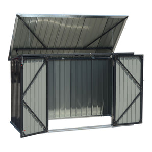 Bike storage shed with doors open to reveal metal interior floor and latch hardware
