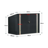 Measured diagram of dark-gray metal bike storage shed with double doors and lock latch