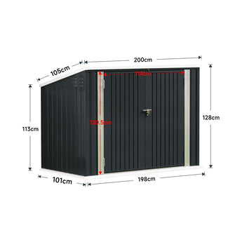 Measured diagram of dark-gray metal bike storage shed with double doors and lock latch