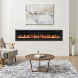 Black 70/80 inch LED electric fireplace heater insert with flames behind tempered glass