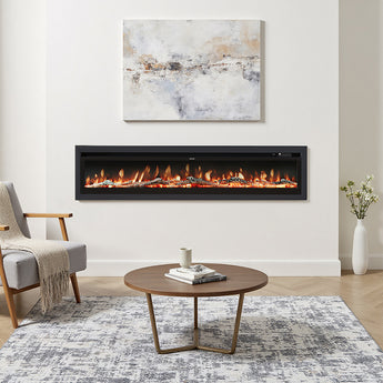 Black 70/80 inch LED electric fireplace heater insert with flames behind tempered glass