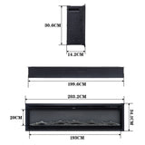 Product dimensions diagram: 203.2cm wide, 34.1cm high, 20cm deep fireplace insert