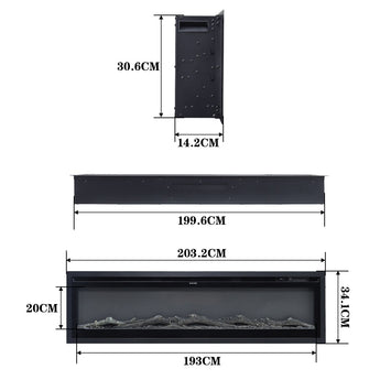 Product dimensions diagram: 203.2cm wide, 34.1cm high, 20cm deep fireplace insert