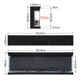 60-inch electric fireplace dimensions, front view with glass window and vents