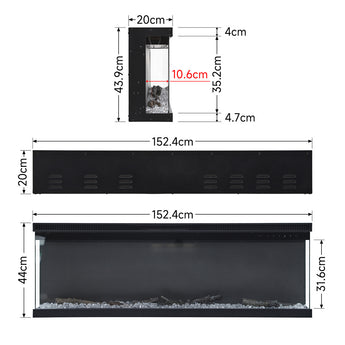 60-inch electric fireplace dimensions, front view with glass window and vents