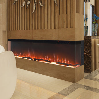 Electric fireplace insert with flame effect in black glass, set in wood-paneled wall