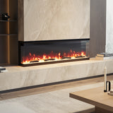 Built-in electric fireplace with flame effect behind glass, stone wall installation