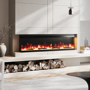 Electric fireplace with flame effect and stone base, glass front with ember bed