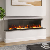 Recessed electric fireplace with glowing flames and black front, shelf surround
