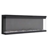 Black electric fireplace unit, front glass showing grey crystal-like ember bed