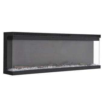 Black electric fireplace unit, front glass showing grey crystal-like ember bed