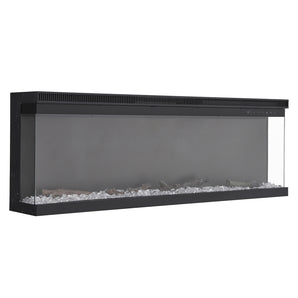 Black electric fireplace unit, front glass showing grey crystal-like ember bed