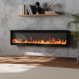 Wall-mounted electric fireplace heater with dark frame and orange flame LED display