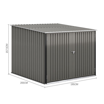 Bike shed dimensions shown: 195cm length and 157.5cm height, lockable door