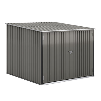 Lockable grey metal outdoor bike storage shed, side view with door latch