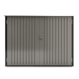 Rear view of lockable outdoor bike storage shed with latch and corrugated panels