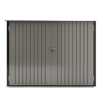 Rear view of lockable outdoor bike storage shed with latch and corrugated panels