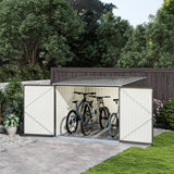 Outdoor bike storage shed with doors open and bicycles parked on internal stand rails