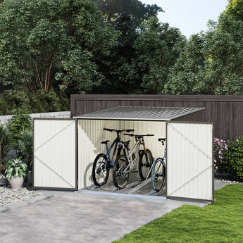 Outdoor bike storage shed with doors open and bicycles parked on internal stand rails