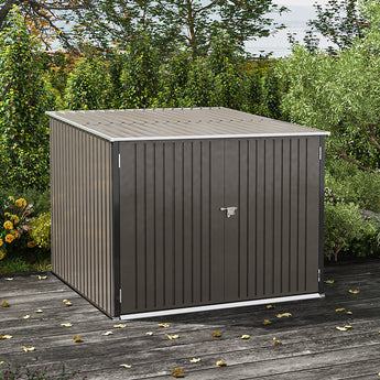 Lockable outdoor bike storage shed with front latch and closed double doors