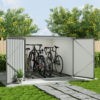 Lockable bike storage shed with doors open and several bicycles secured on base rack