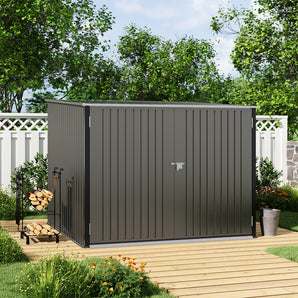Lockable outdoor bike storage shed with double doors closed and front latch
