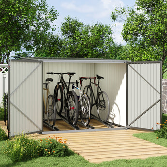Outdoor bike storage shed, 195cm wide, lockable doors with bikes on floor rack