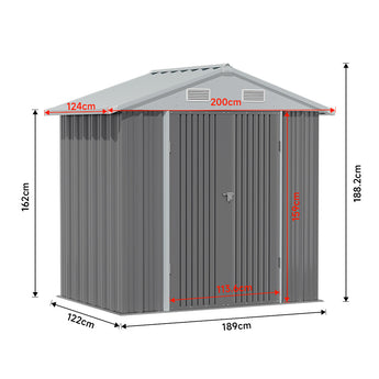Metal garden storage shed dimensions: 189cm x 122cm base, height 188.2cm