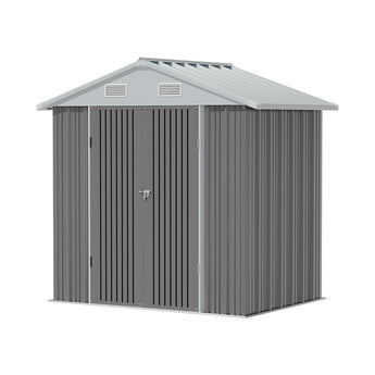 Metal garden shed with double doors, central hasp lock, and roof ventilation grilles