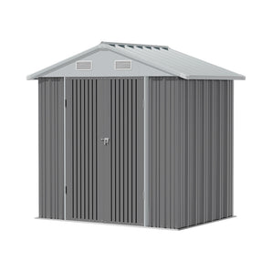 Metal garden storage shed with lockable door, grey corrugated siding and gable roof vents