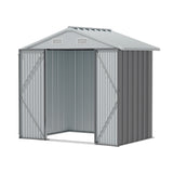 Metal storage shed with double doors open, showing interior walls and support frame