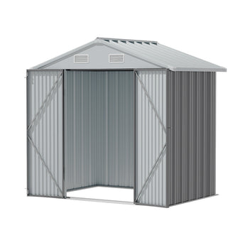 Metal storage shed with open double doors, grey corrugated interior panels and roof vents