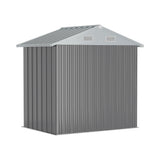 Metal garden storage shed, grey corrugated siding with two roof ventilation grilles