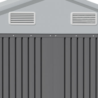 Two roof ventilation grilles on a metal garden storage shed