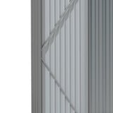 Metal shed door frame and latch area with diagonal brace on grey corrugated panels