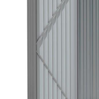 Metal shed door frame and latch area with diagonal brace on grey corrugated panels