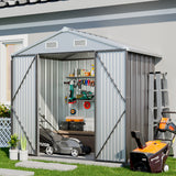 Metal garden storage shed with double doors, ventilated roof, interior shelving visible