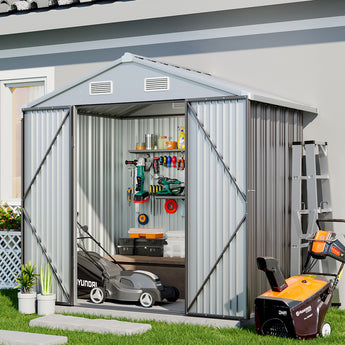 Metal garden storage shed with double doors, ventilated roof, interior shelving visible