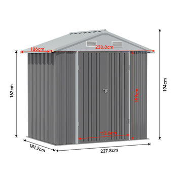Metal storage shed dimensions diagram with height, width, and depth measurements