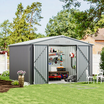 Outdoor tool storage shed, open double doors with visible tool wall organizer