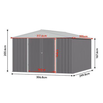 Outdoor tool storage shed size diagram showing overall length and depth measurements