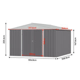Outdoor tool storage shed dimensions diagram with height, width, and length labels