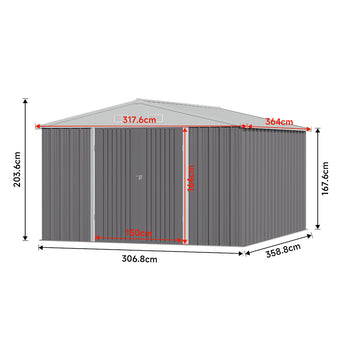 Outdoor tool storage shed dimensions diagram with height, width, and length labels