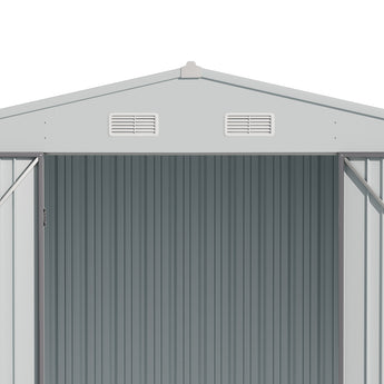 Outdoor tool storage shed roof with two louvered ventilation vents